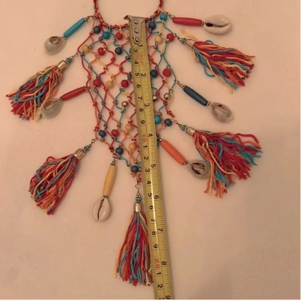 Statement Bohemian Macrame Beaded Necklace Rainbow with shells and tassels NWT